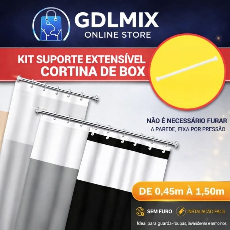 Kit Completo Banheiro | Cortina Box Visor + Suporte de 0,75 a 1,50m