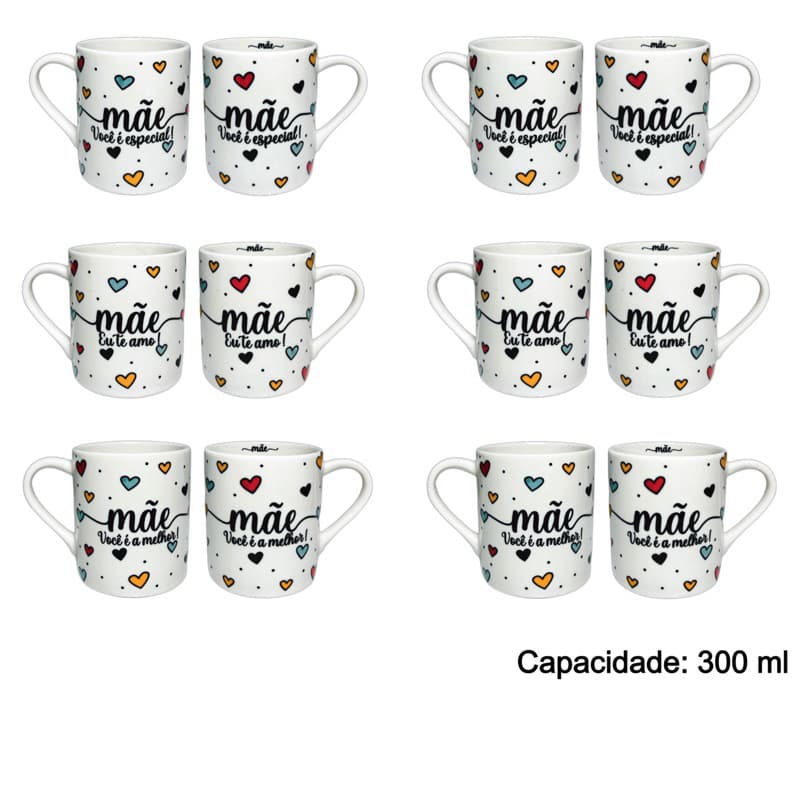 Kit 6 Canecas de Porcelana Decoradas MÃE 300ml Café Chá