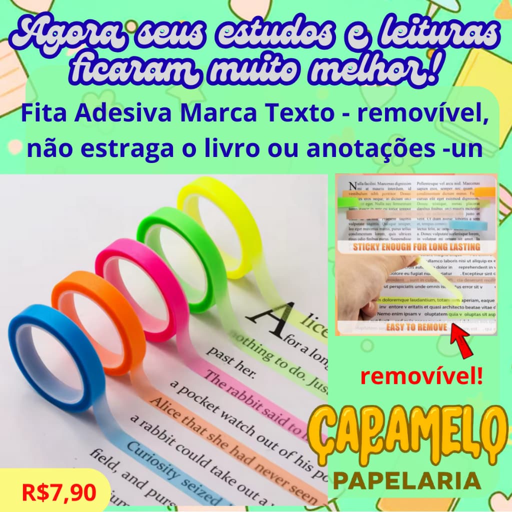 Fita Adesiva Marca Texto 5m - Removível - Fluorescente - UN