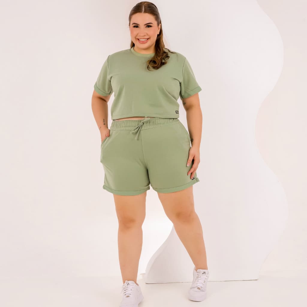 Conjunto Plus Size Verão Moletinho Cropped E Short Casual
