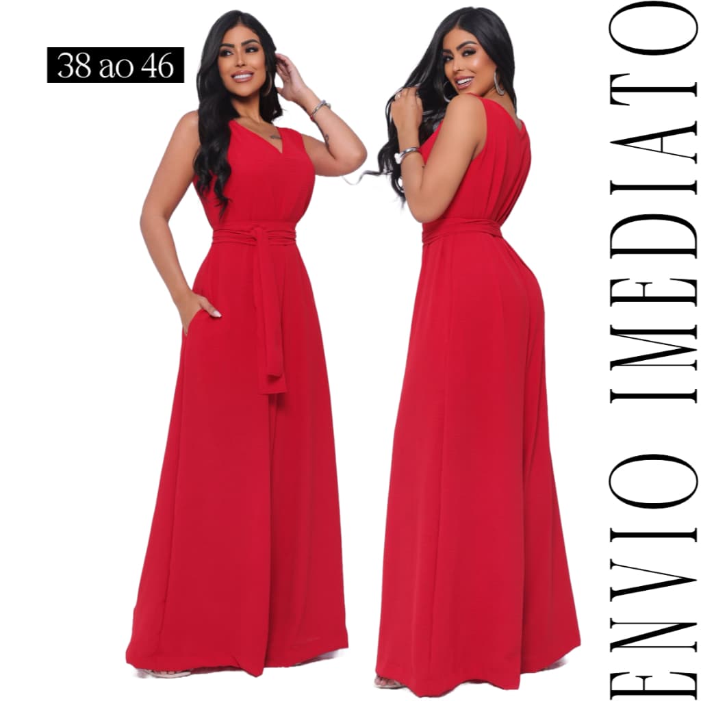 Macacão Pantalona Feminino Com Bolso Faixa na Cintura e Zíper Tecido Crepe Dunas Envio Imediato