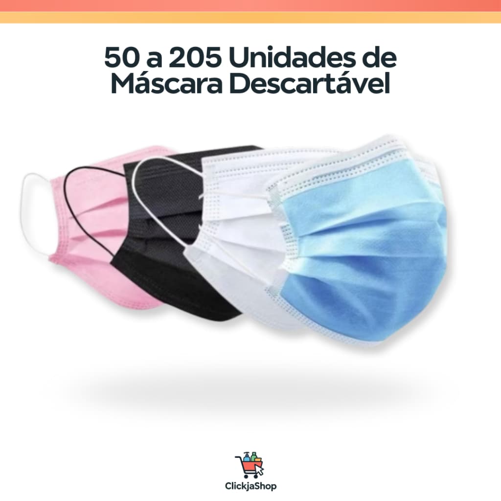 50 a 250 Uni. Máscara Descartável Tripla Camada | Rosa, Azul, Branco e Preto + Proteção e Conforto