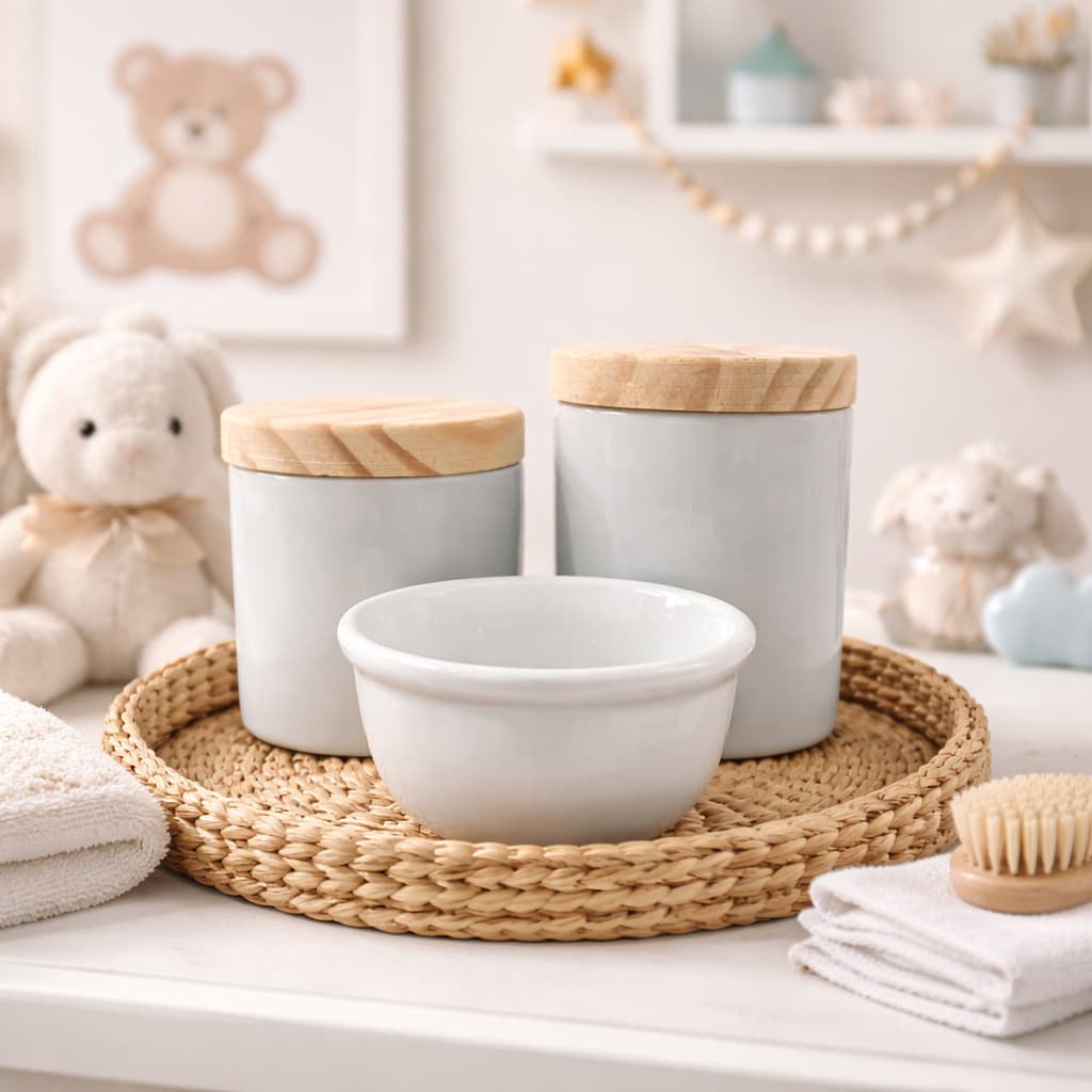 Kit Higiene Bebê Porcelana Branca Tampa Em Madeira 3 Peças Maternidade