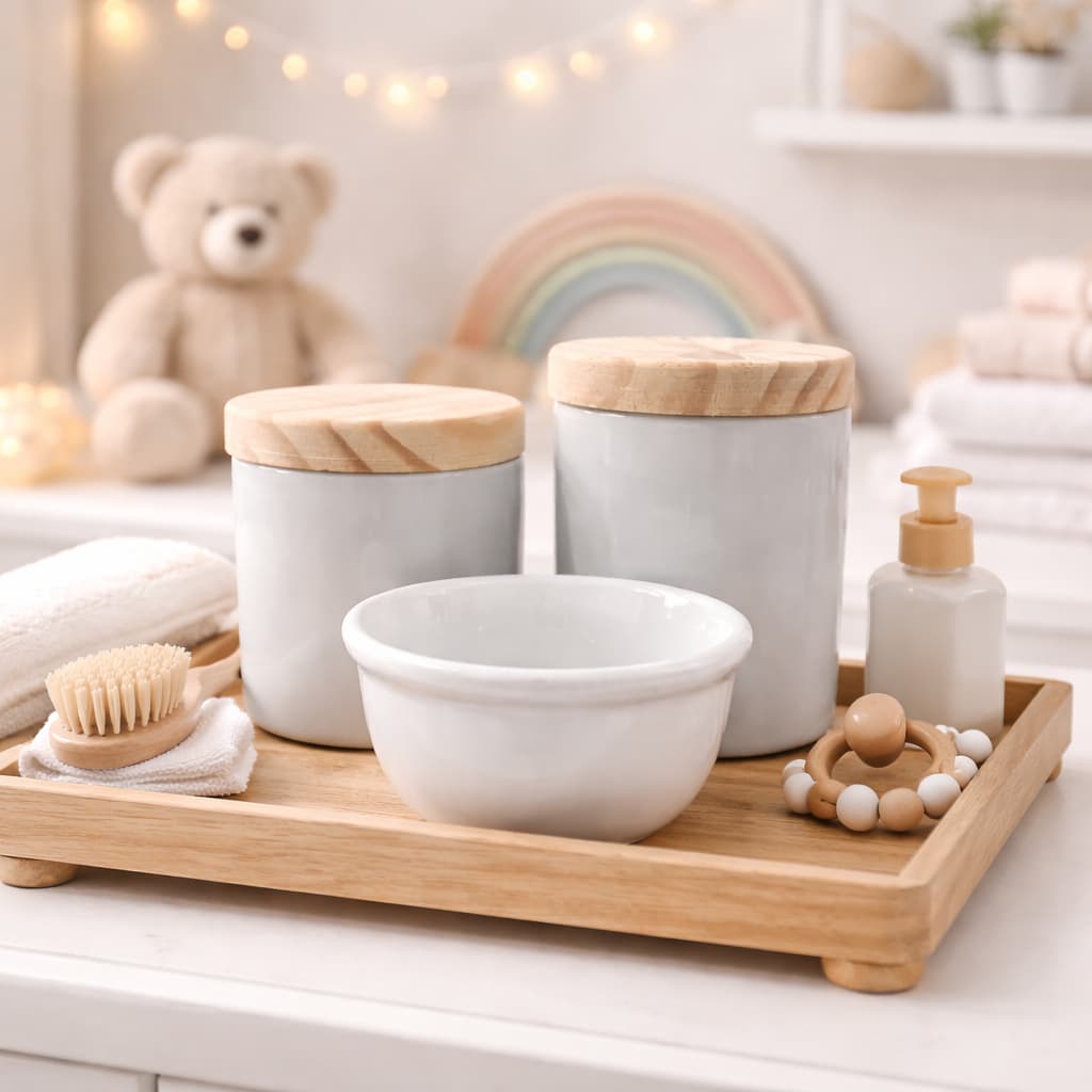 Kit Higiene Bebê Porcelana Maternidade Menino Menina com tampa Madeira 3 peças