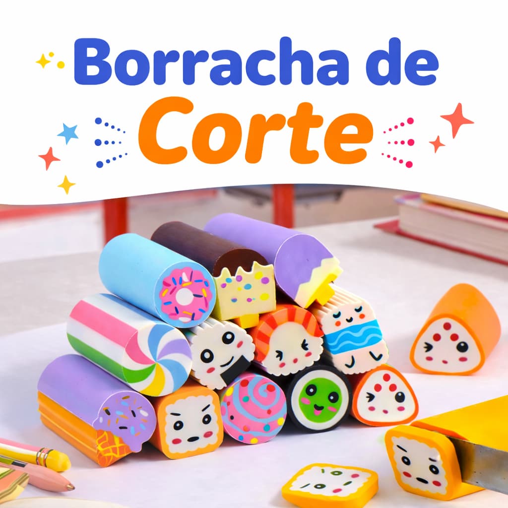 Caixinha com 6 Borrachas de Corte 3D Comprida Infantil Escolar Colecionável Temas Diversos