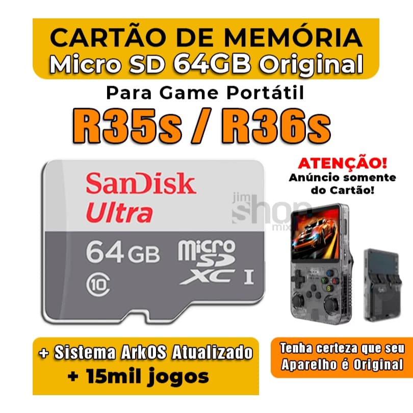 Cartão de Memória 64GB Para R35s/R36s Com Sistema ArkOS Atualizado +15mil jogos