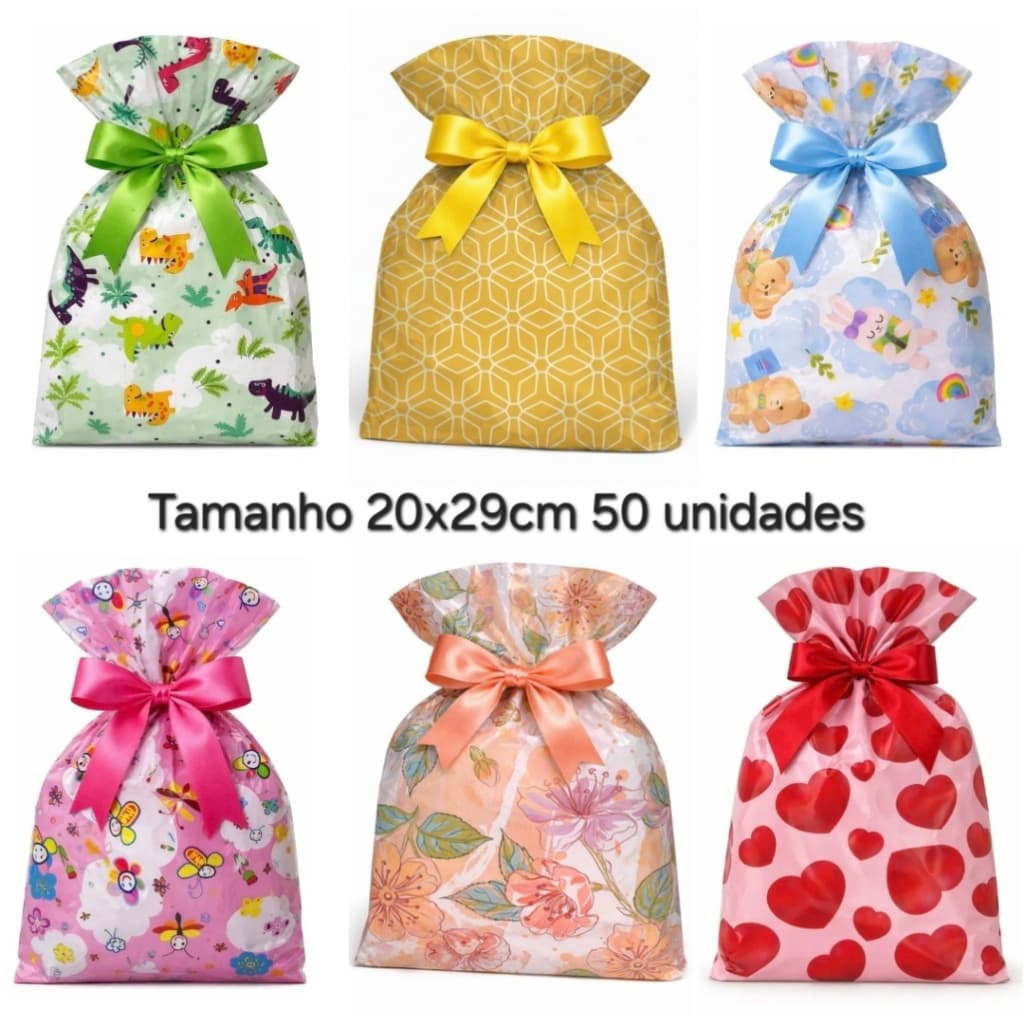 50 Sacos de Presente BOPP 20x29cm Varias Estampas Premium