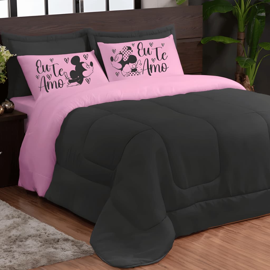 Edredom Casal Queen Kit com 5 Peças Dupla Face Fronha Estampada Mickey