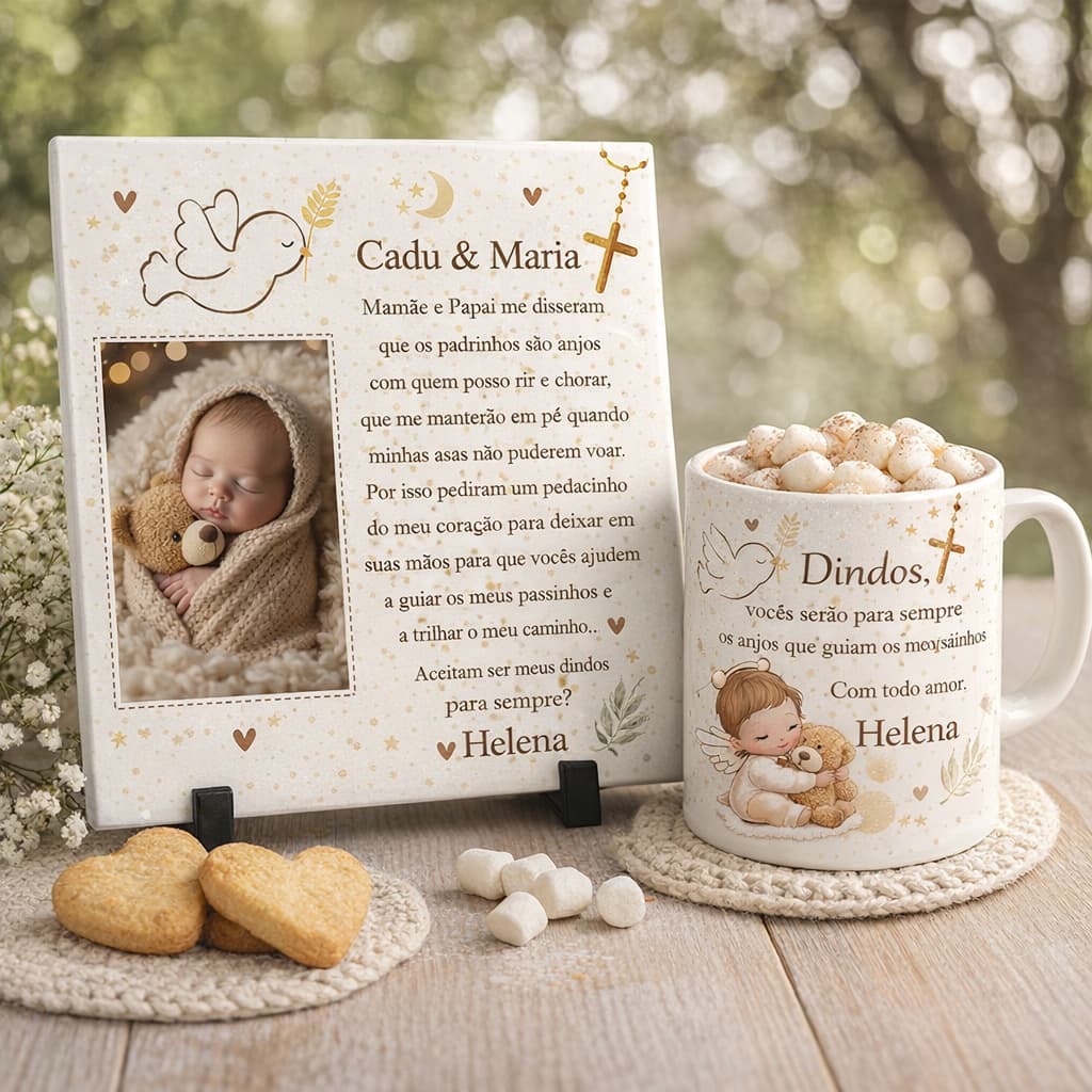 Kit Convite Dindos e Dindas Personalizado Azulejo + Caneca com Foto + Suporte | Presente | Padrinhos
