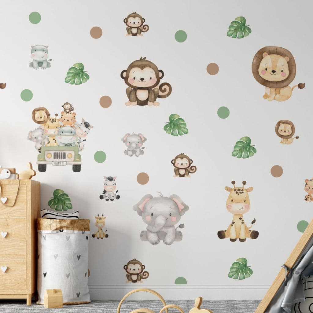 Kit de 80 Adesivos Recorte Animais Safari + Bolinhas - Papel de Parede Infantil