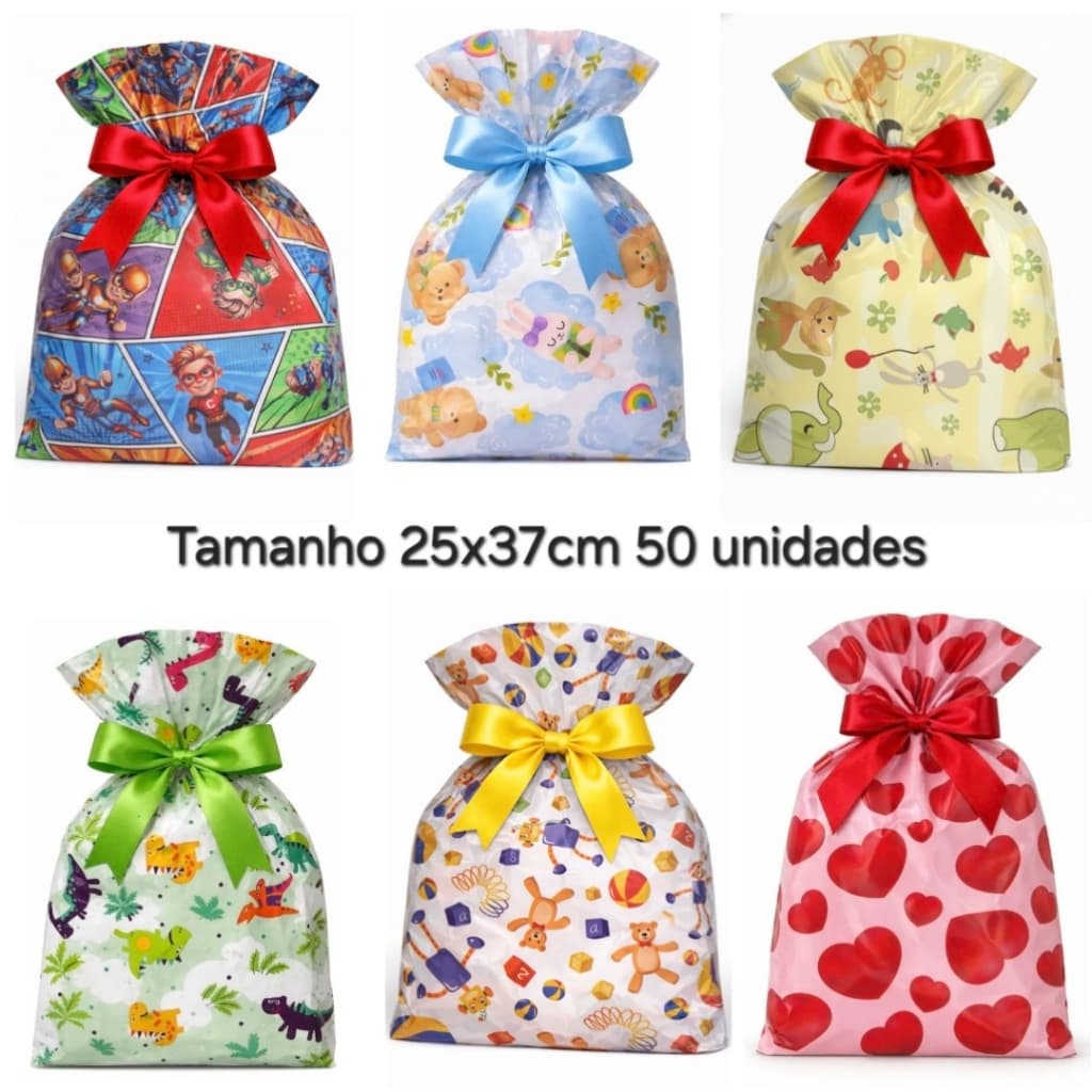 50 Sacos de Presente BOPP 25x37cm Infantil Criança Varias Estampas Premium