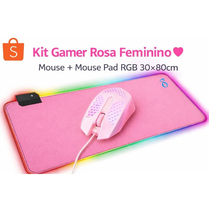 Kit Gamer Rosa Feminino 💗 Mouse + Mouse Pad RGB 30x80cm Antiderrapante Iluminado USB