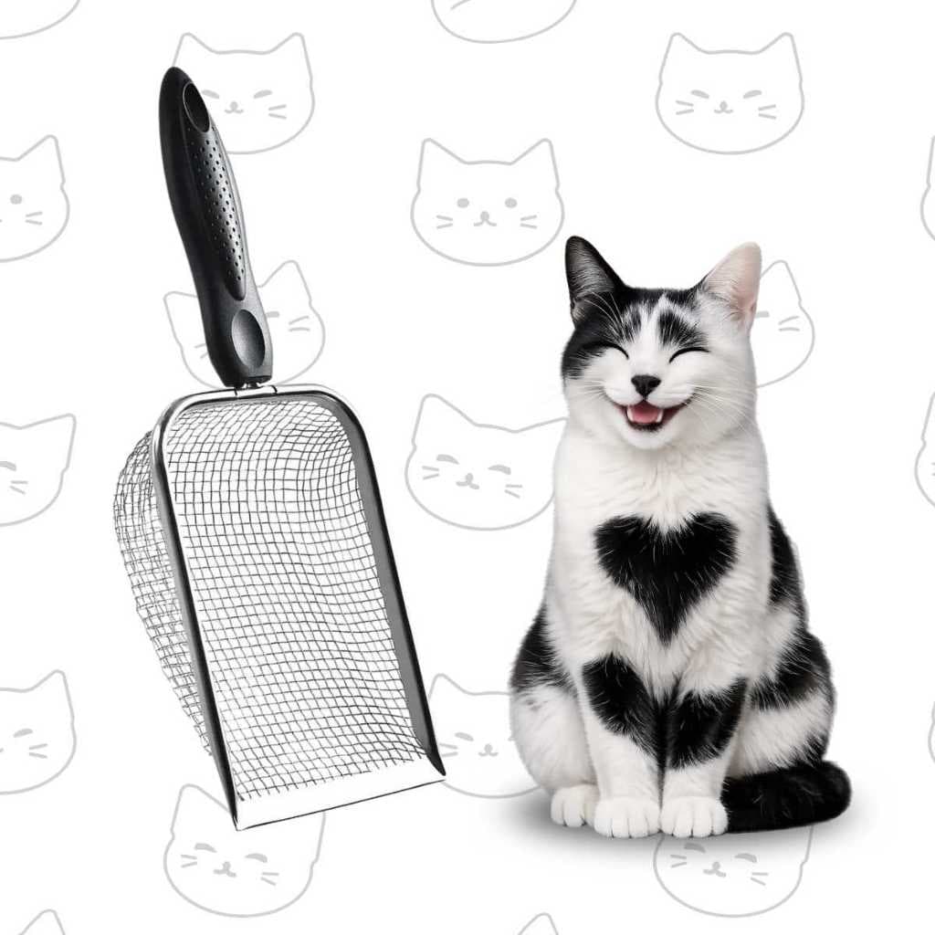 Pá Higiênica Aço Inox para Areia de Gato Malha Fina 2mm, Cabo Ergonômico e Lavável Reutilizável