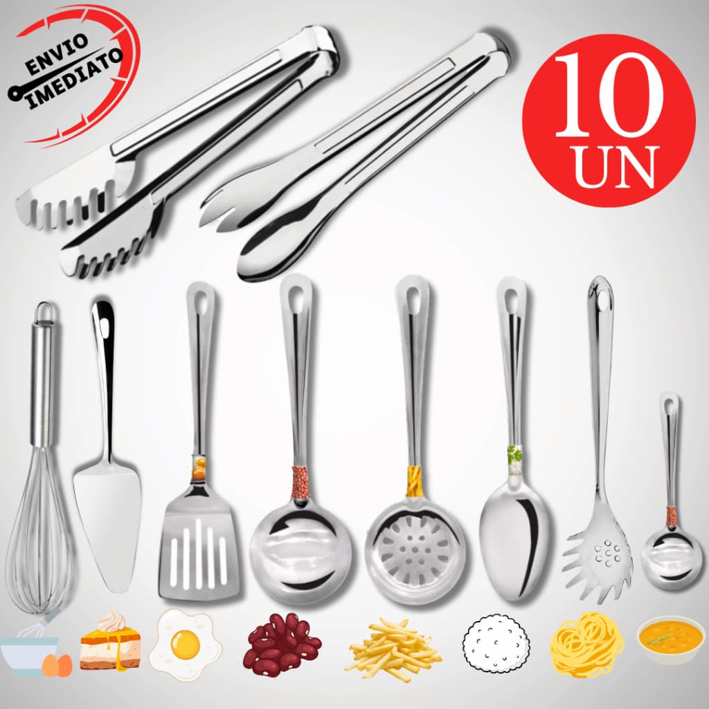 Kit Utensilio Para Cozinha 100% Inox Colher Concha Escumadeira Pegador Massa Salada Mini concha
