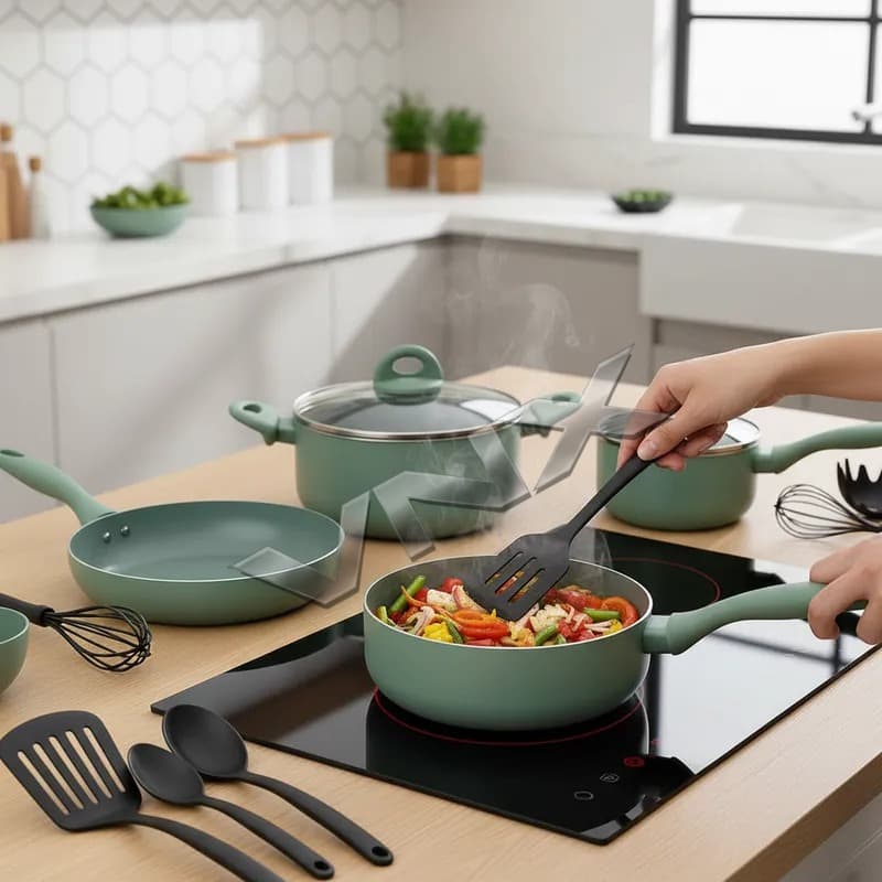 Jogo De Panelas 14 Peças Premium Indução e Gás Revestimento Cerâmico Verde-musgo