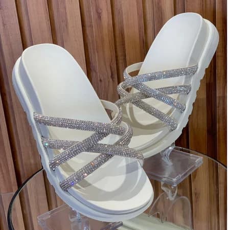 Sandalia Feminina Rasteira Papete Luxo Strass Casual