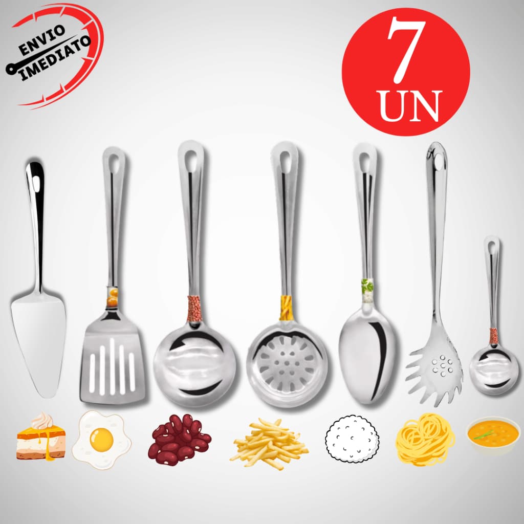 Kit 7 Utensilio de Cozinha Inox Concha Colher Escumadeira Espatula Massa Mini Concha