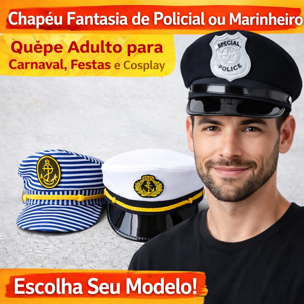 Quepe Fantasia Policial ou Marinheiro Adulto – Chapéu para Carnaval, Festas e Cosplay