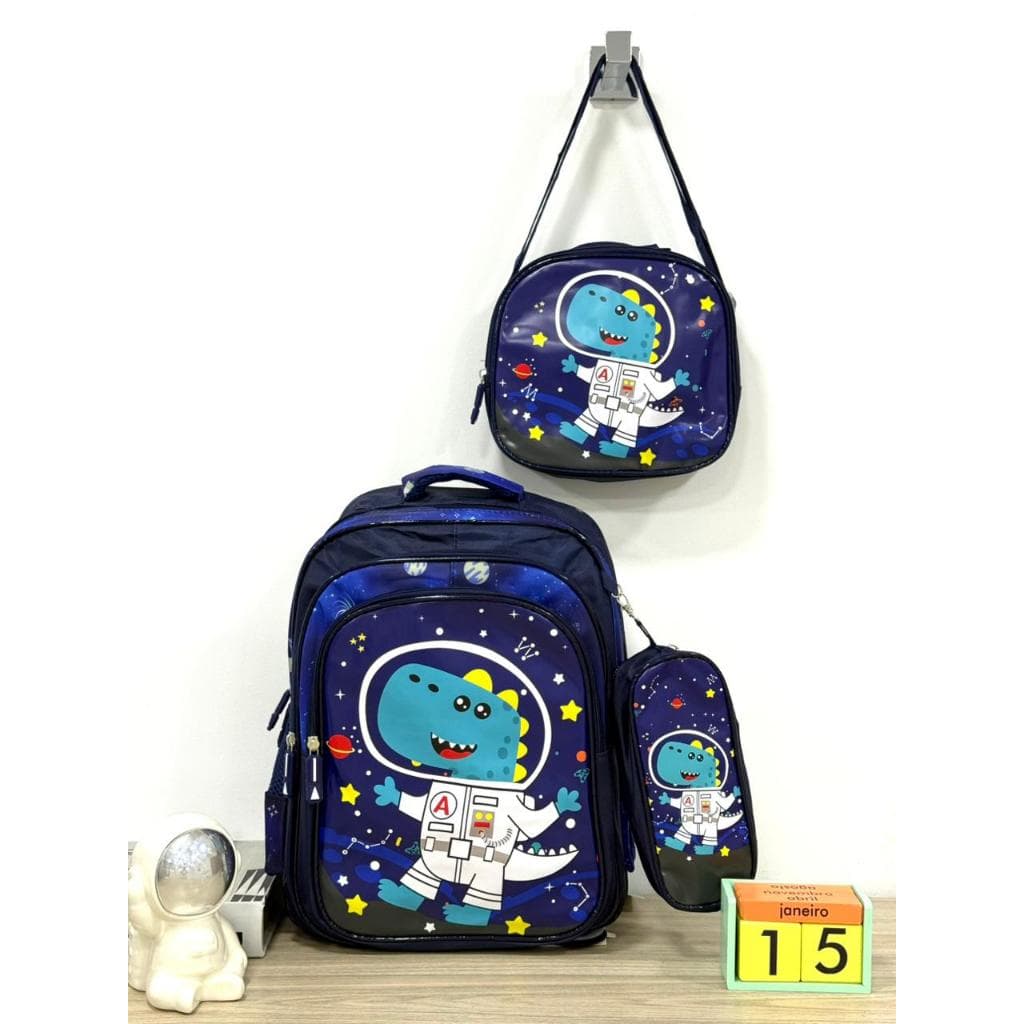 Kit Mochila Menina e Menino Escolar Infantil Bolsa Lancheira Estojo Estampas