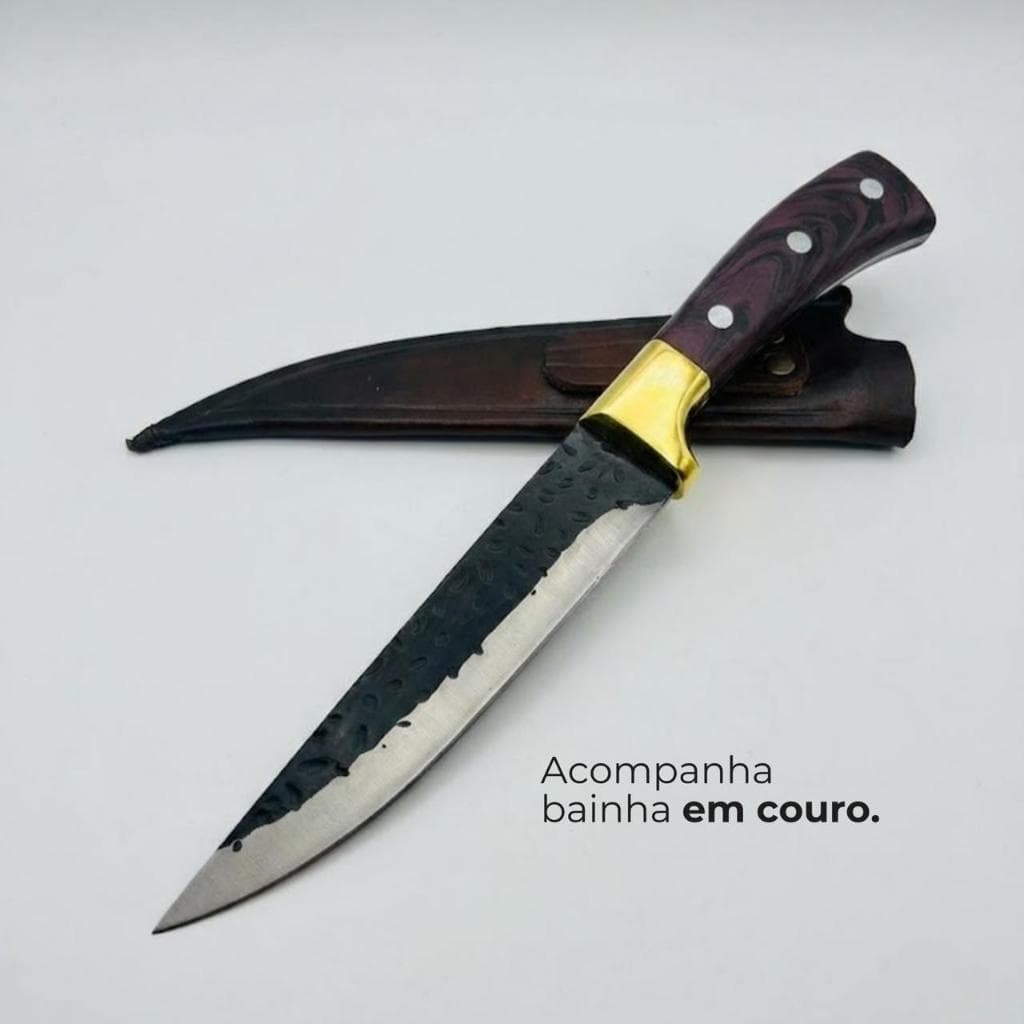 Faca Churrasco 6 Polegadas Aço Inox Cabo em Madeira Com Pinos  Acompanha Bainha em Couro