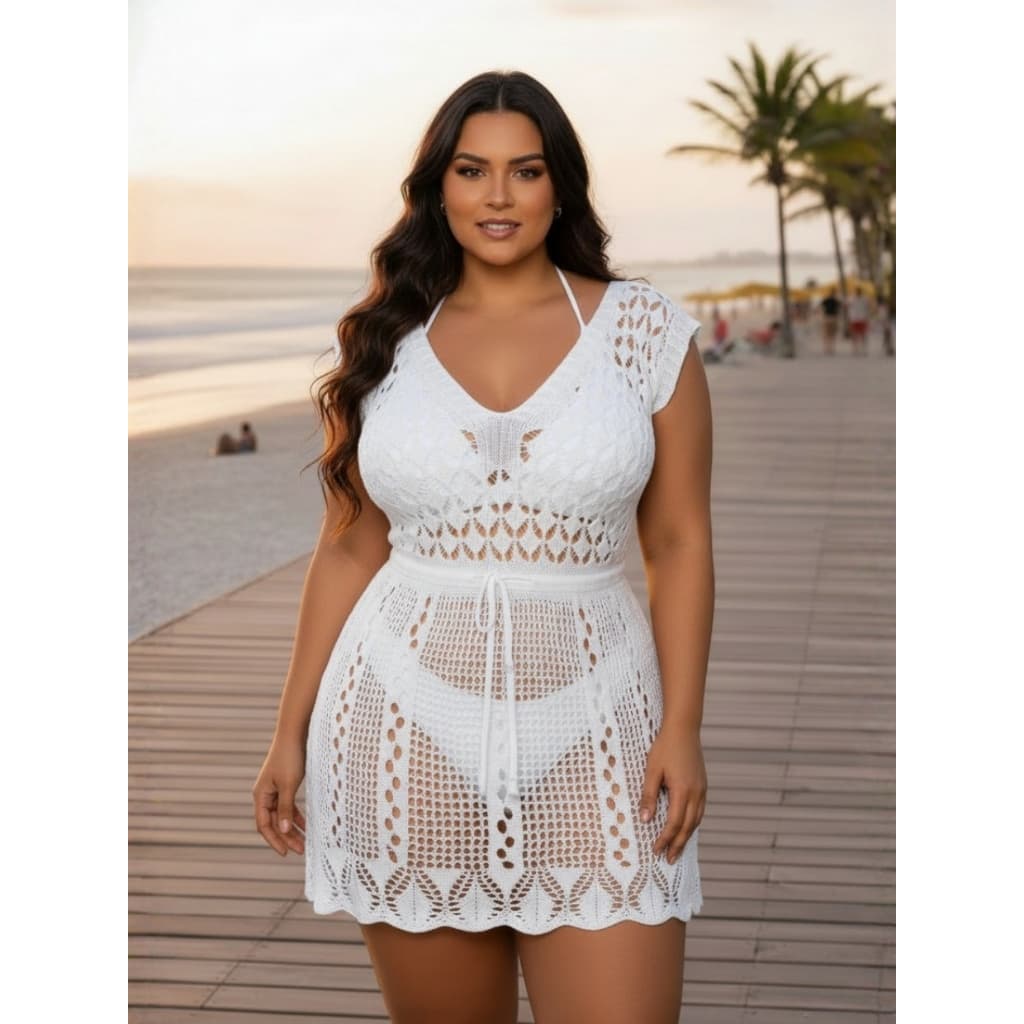 Saída de Praia Curta Plus Size Elegante Trico Croche Cinturada Banho Moda Verão