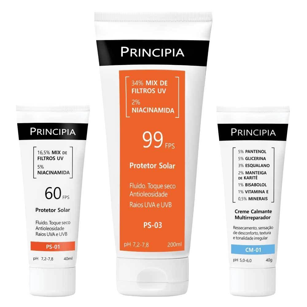 Principia Kit Verão Básico c/ Protetor Solar Facial PS-01 FPS60 + Creme Calmante CM-01+ Protetor Solar Corporal FPS99