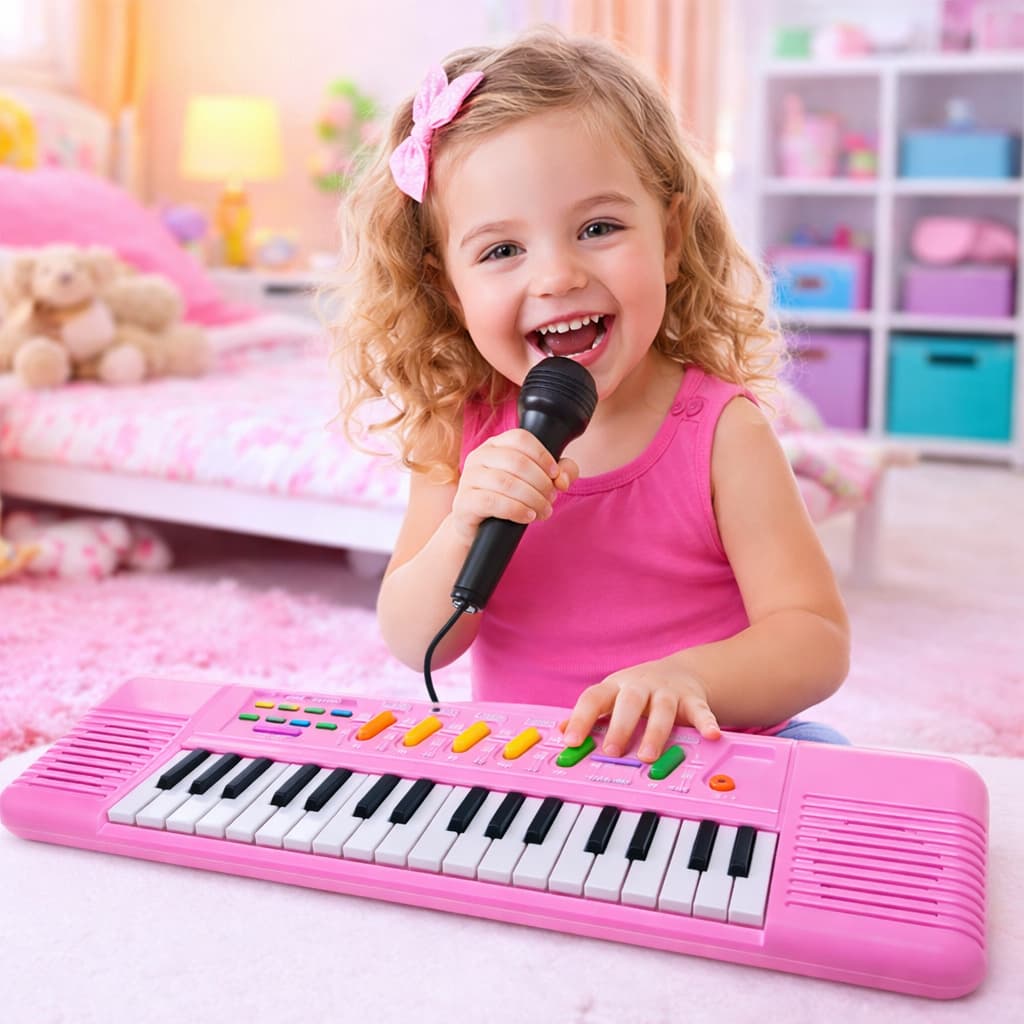 Teclado Piano Com Microfone Infantil ROSA MENINA