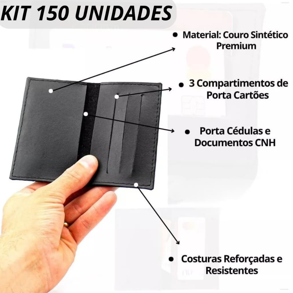 Mega Kit 150 Porta Cartão Carteira Preto Masculino Pequena Slim Documentos CNH Cédulas Promoção Atacado Revenda Brinde