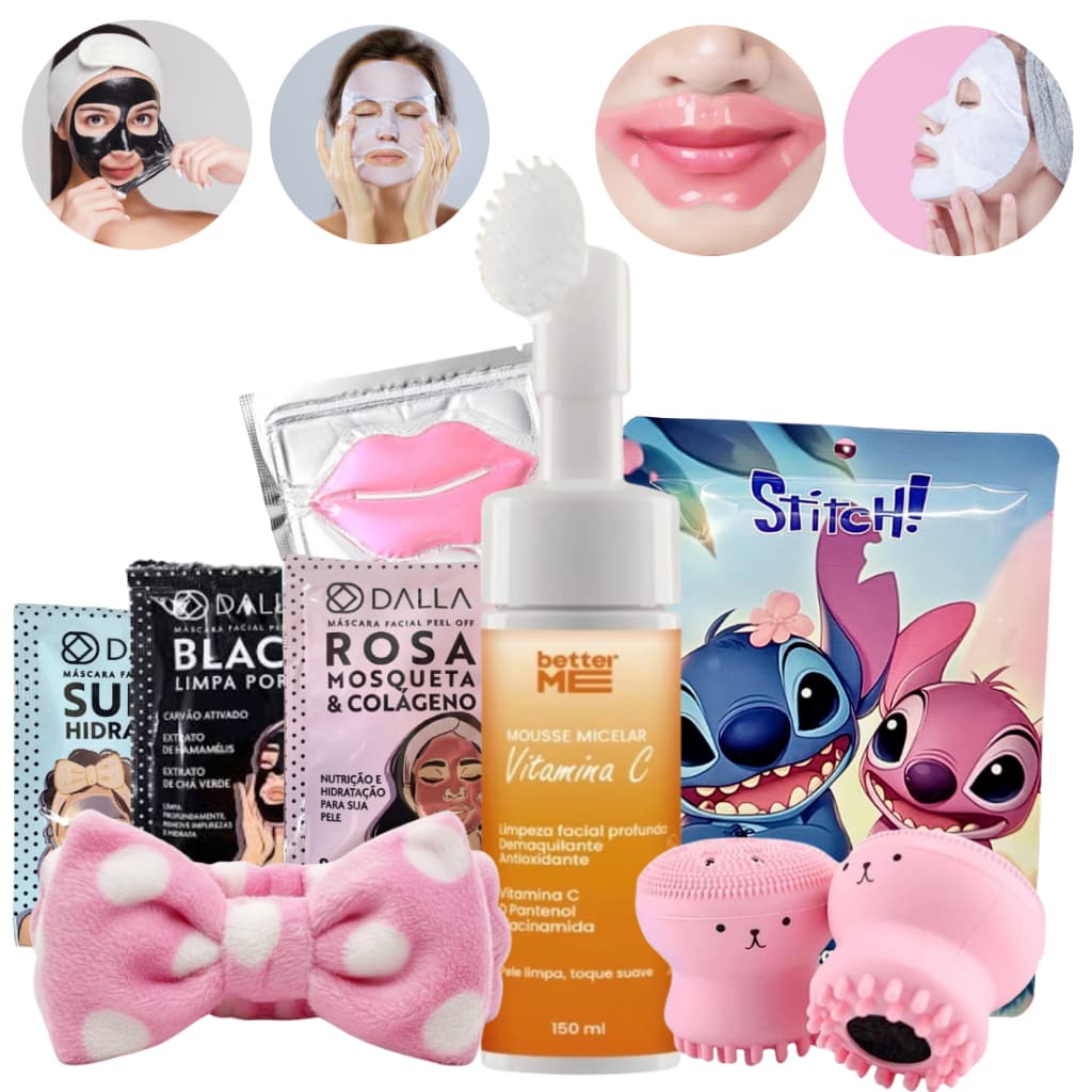Kit Skincare Limpeza de Pele Facial - Mousse VITAMINA C - 3 Mascara PeelOff - Mascara Labial - Stitch - Faixa Esponja