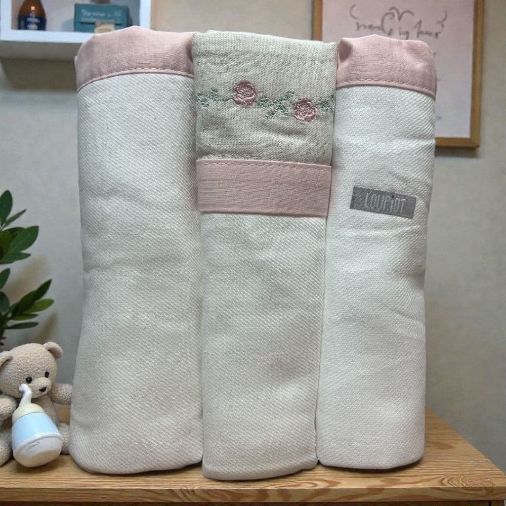 Cueiro Bebê Bordado 100% Algodão | Kit 3 Peças | Enxoval Recém-Nascido Loupiot Nature