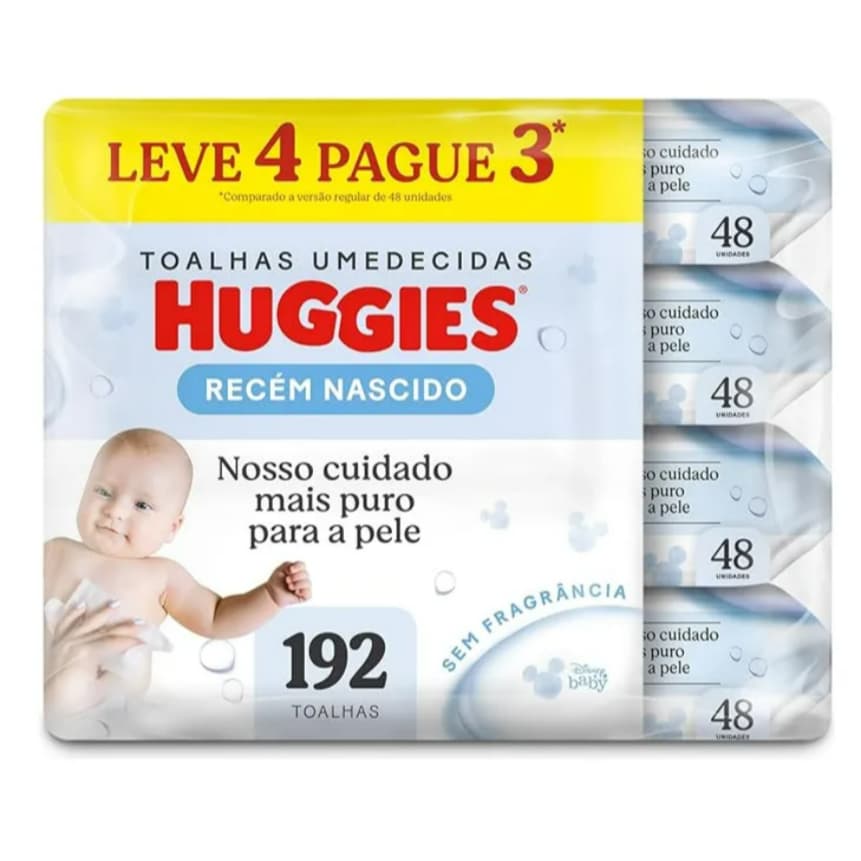Kit Toalhas Umedecidas Huggies Recém-Nascido 192 Unidades | Sem Fragrância | Leve 4 Pague 3