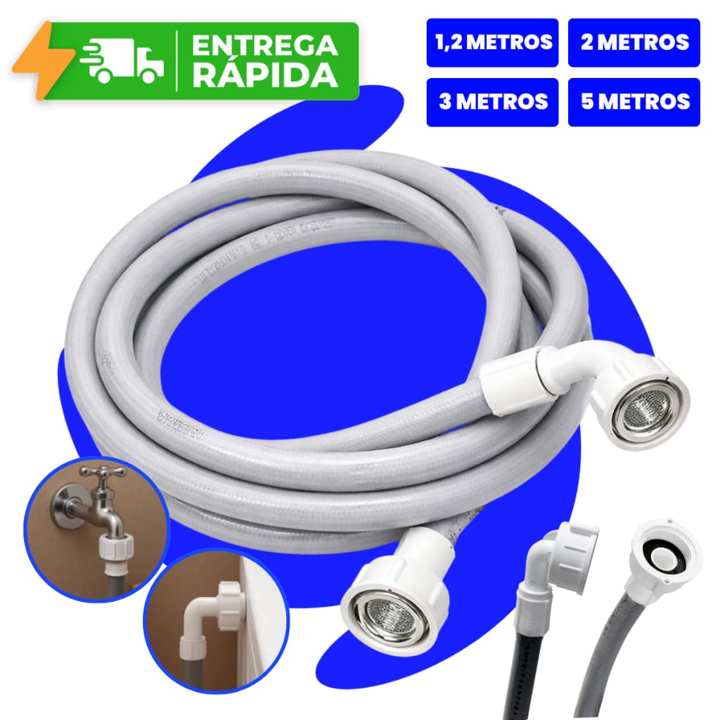 Mangueira de Entrada Máquina Lavar Reforçada 1.20M 2M 3M Agua Lavadora Cinza Universal Compatível