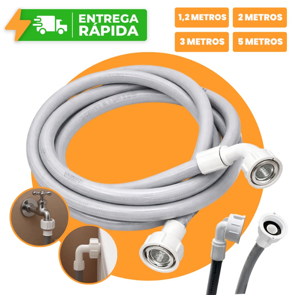 Mangueira de Entrada Máquina Lavar Reforçada 1.20M 2M 3M Agua Lavadora Cinza Universal Compatível