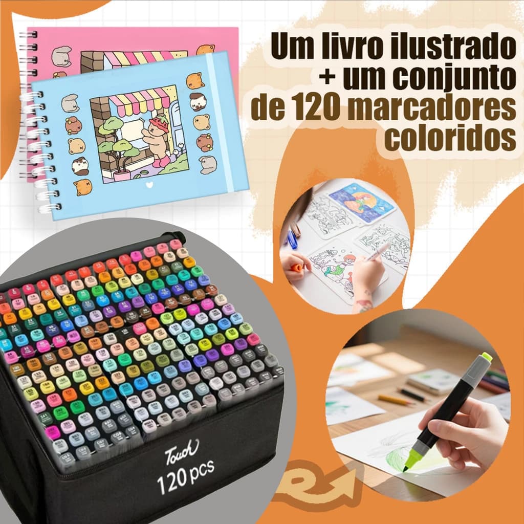 Livro de colorir Capa Dura + 60 a 120 Cores Caneta Marcador Com Ponta Dupla/Pintura De Arte/Aquarela
