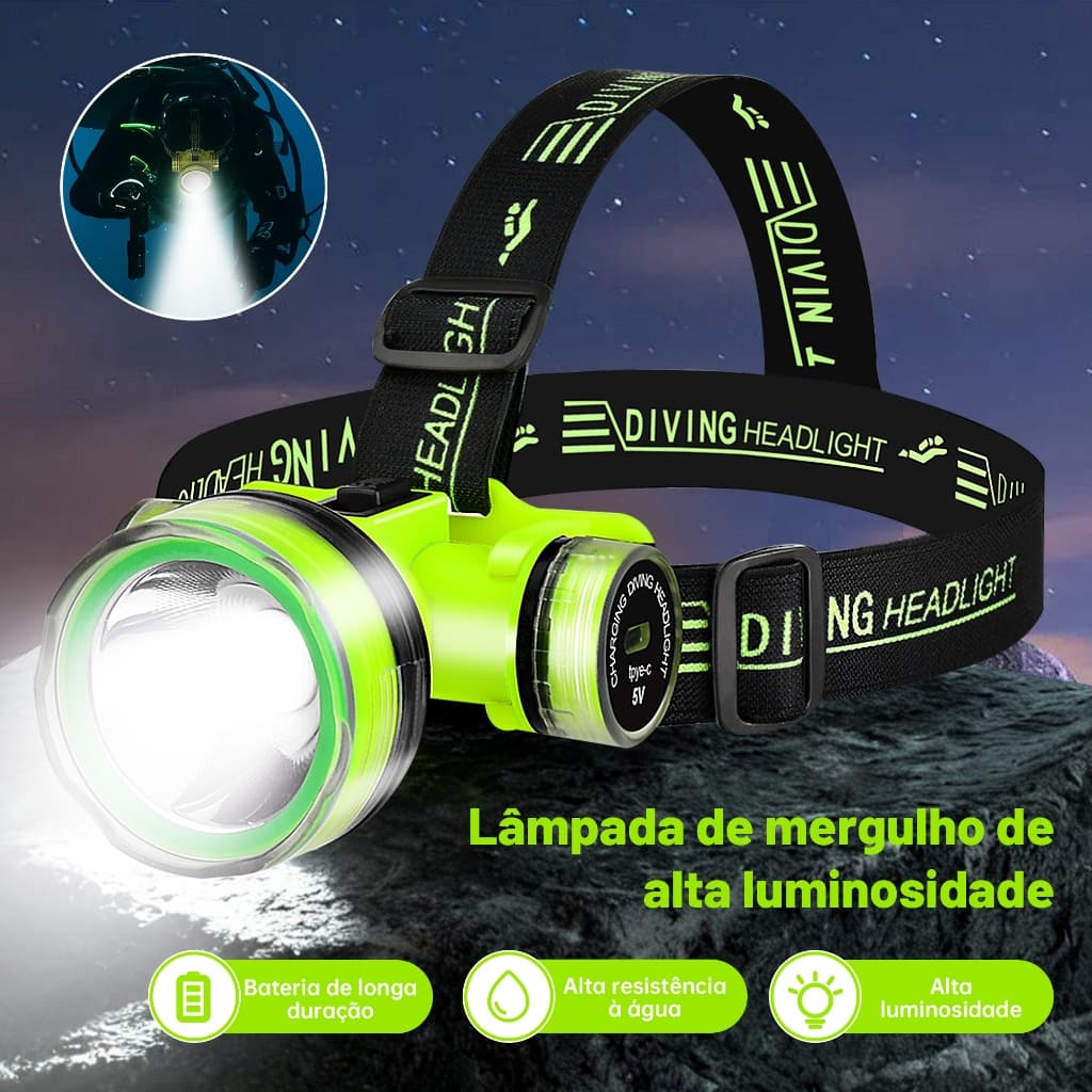 Lanterna de Cabeça LED 2000 Lumens IPX8 Recarregável para Mergulho Alcance 100m