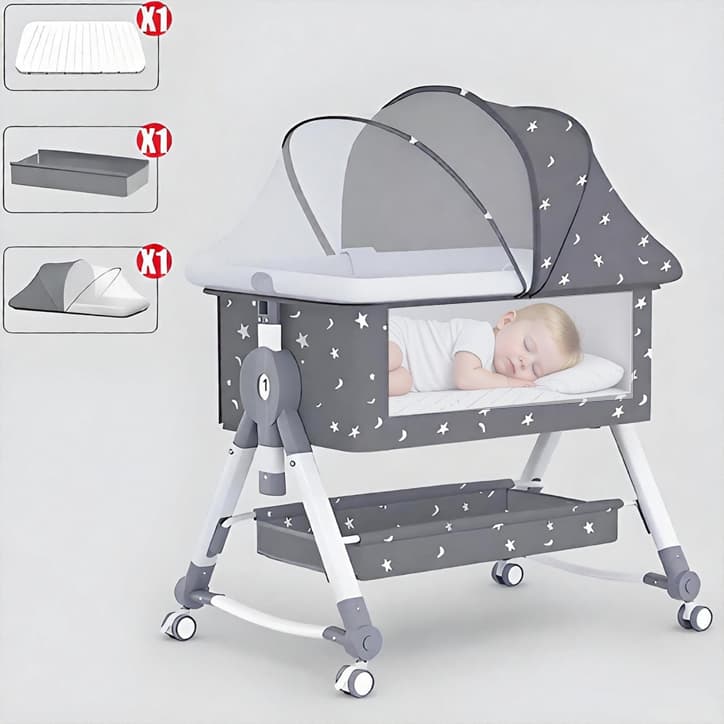 Berço Portátil Infantil Cercado Com Balanço Mosquiteiro Rodas universais e Cesto Cinza -P18