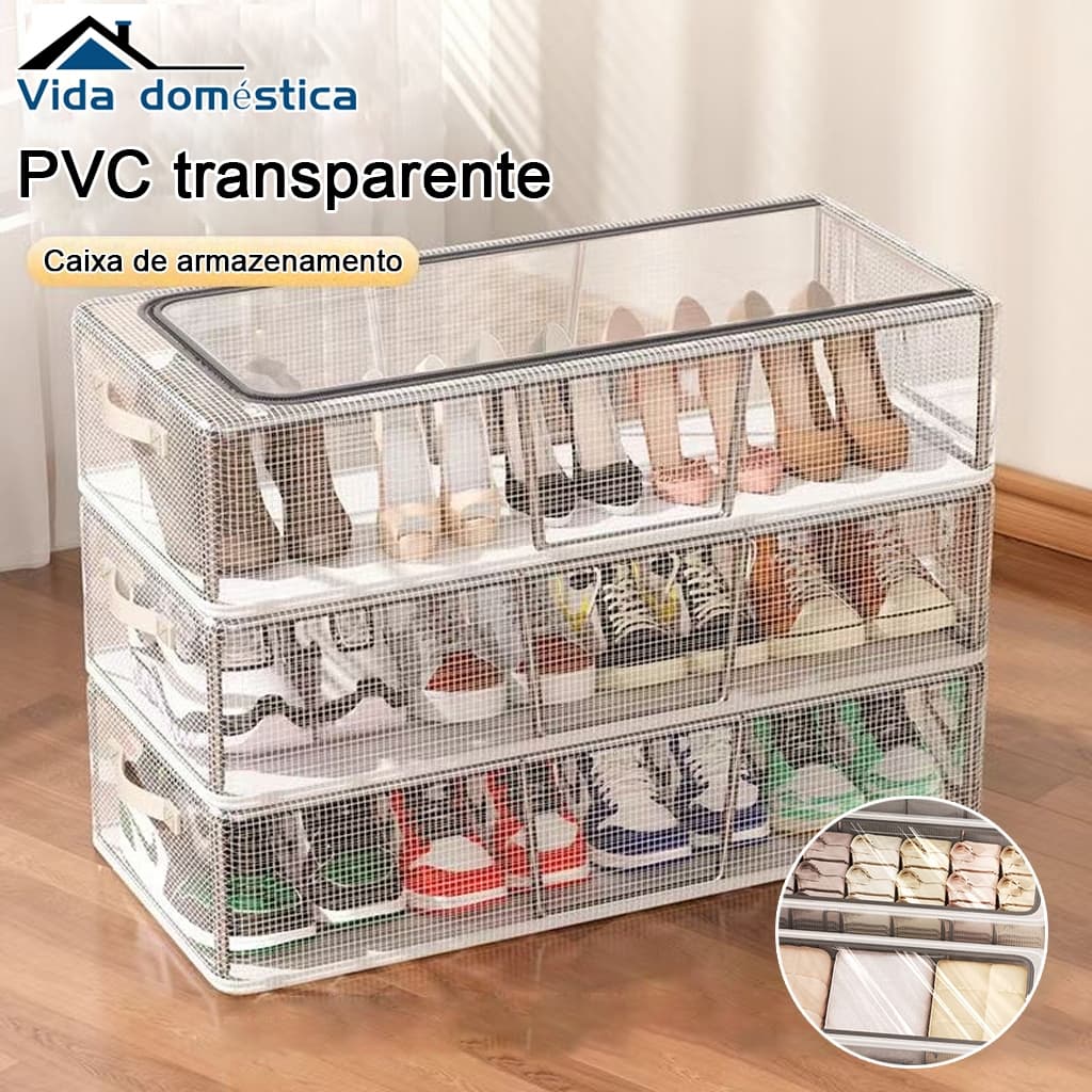 Caixa Organizadora para Sapatos com Tampa Flip Transparente em PVC Caixa De Armazenamento Guardar Roupas