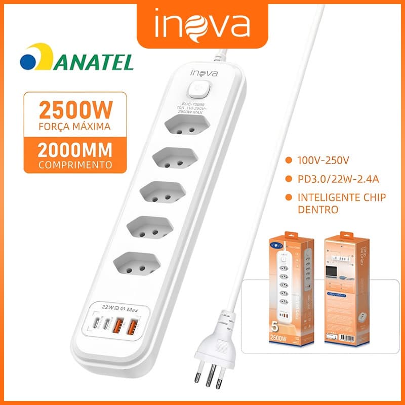 INOVA Régua Filtro de Linha com 5 Tomadas Extensão Elétrica  2 USB 2 Type-C Bivolt  Cabo de 2 Metros Seguro e confiável