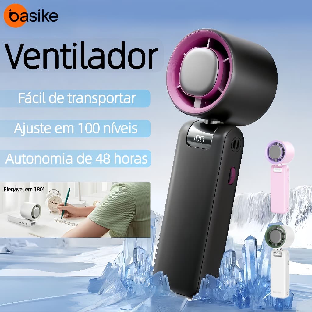 Basike Ventilador Portátil Elétrico–100 Nível, Capaz de Resfriar, Bateria 6000mAh, Autonomia de 48H
