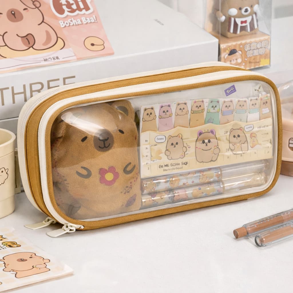 Estojo de Lápis Escolar Transparente Capivara Kuromi Grande Capacidade com Zíper Impermeável
