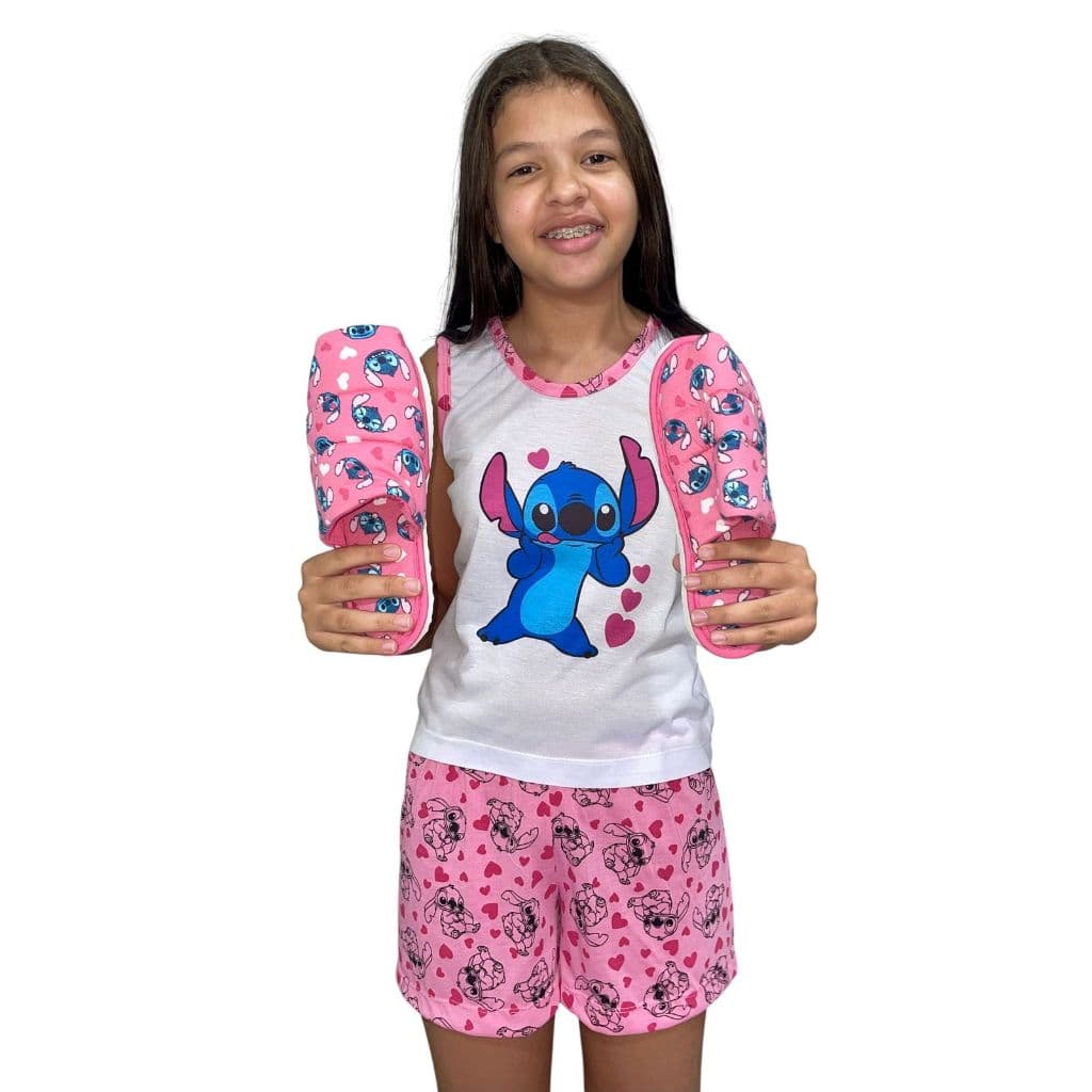 Kit pijama short doll infantil + pantufa feminino baby doll stitch malha verão atacado personagens
