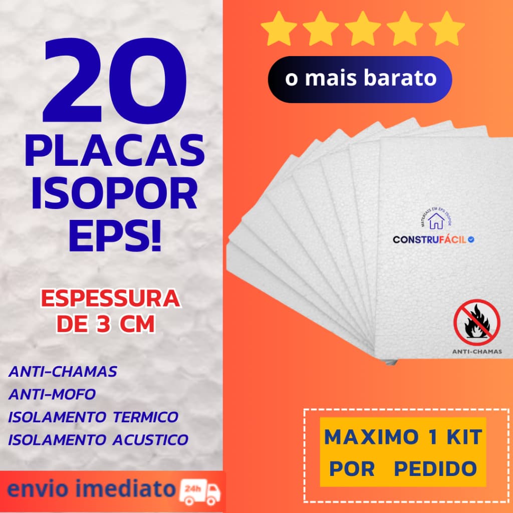KIT 20 placas Isopor EPS 3cm - 30MM Anti-chamas 1000x500 30mm IDEAL PARA FORROS E TETOS
