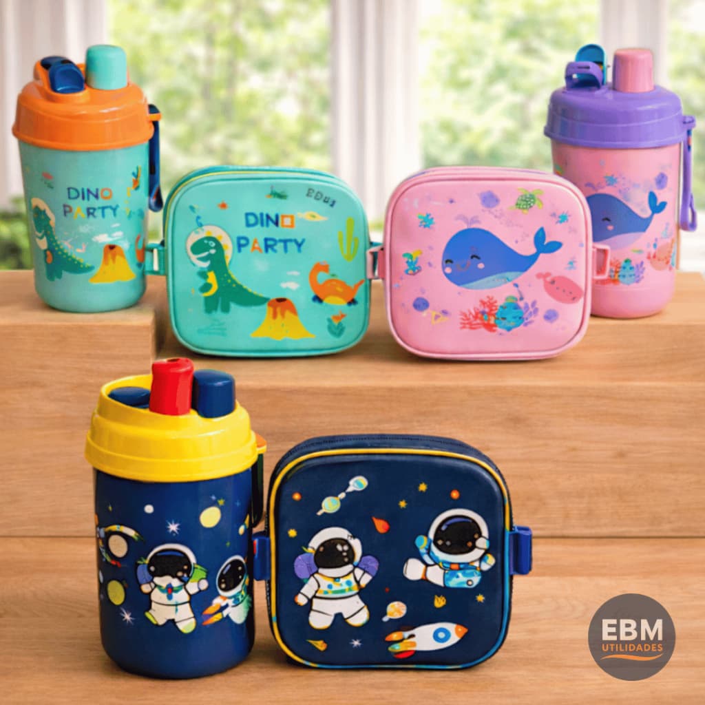 Kit Lancheira Marmita Infantil com Garrafa e Talheres Organização 4 Peças