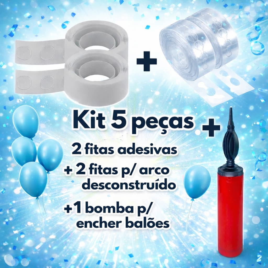 Kit 2 Fita Adesiva + 2 Fita P/ Arco Desconstruído + 1 Bomba Manual Para Encher Balão Festa Bexiga