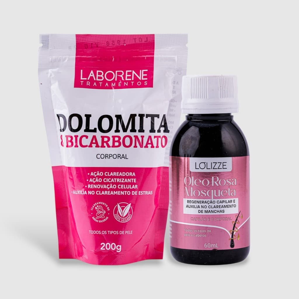 Kit Clareador Dolomita + Óleo Rosa Mosqueta Clareador Ilumina O Tom de Pele Para Corpo e Axilas 200g + 60ml- Laborene