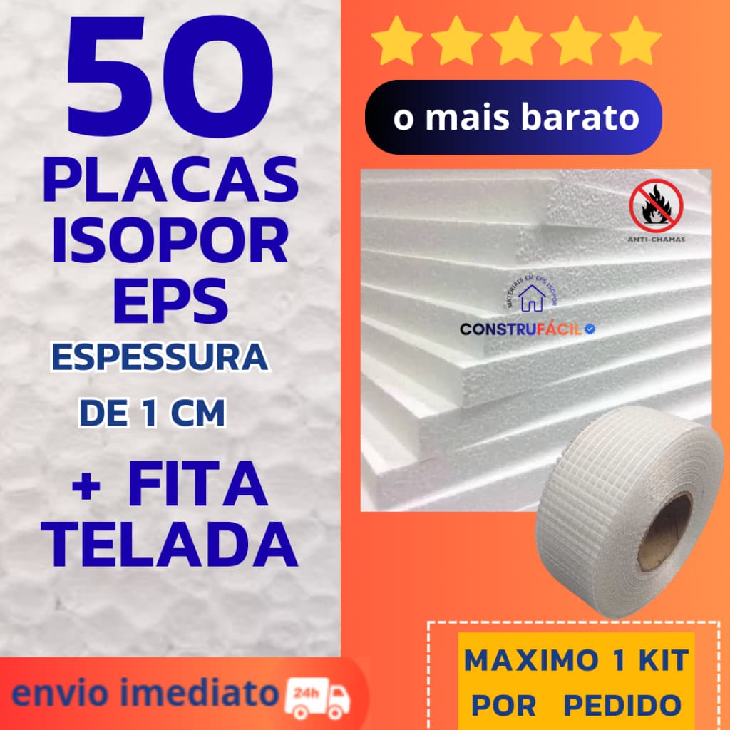 *KIT 50 PLACAS DE ISOPOR EPS ANTICHAMAS 1 METRO POR 50CM + FITA TELADA 45M PARA FORROS E TETO