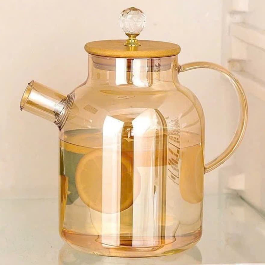 Chaleira de Vidro Borossilicato Tampa de Bambu Resistente a Fogo com 1,8 Litros Tampa Hermética Jarra Geladeira Café
