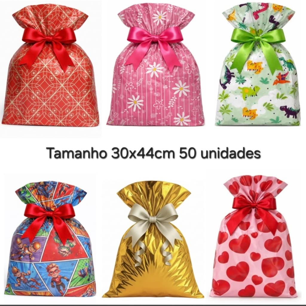50 Sacos de Presente BOPP 30x44cm Varias Estampas Metalicos Infantil Unissex Premium