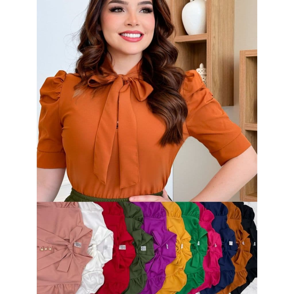 Blusa Social Manga Curta Bufante com laçinho N-8