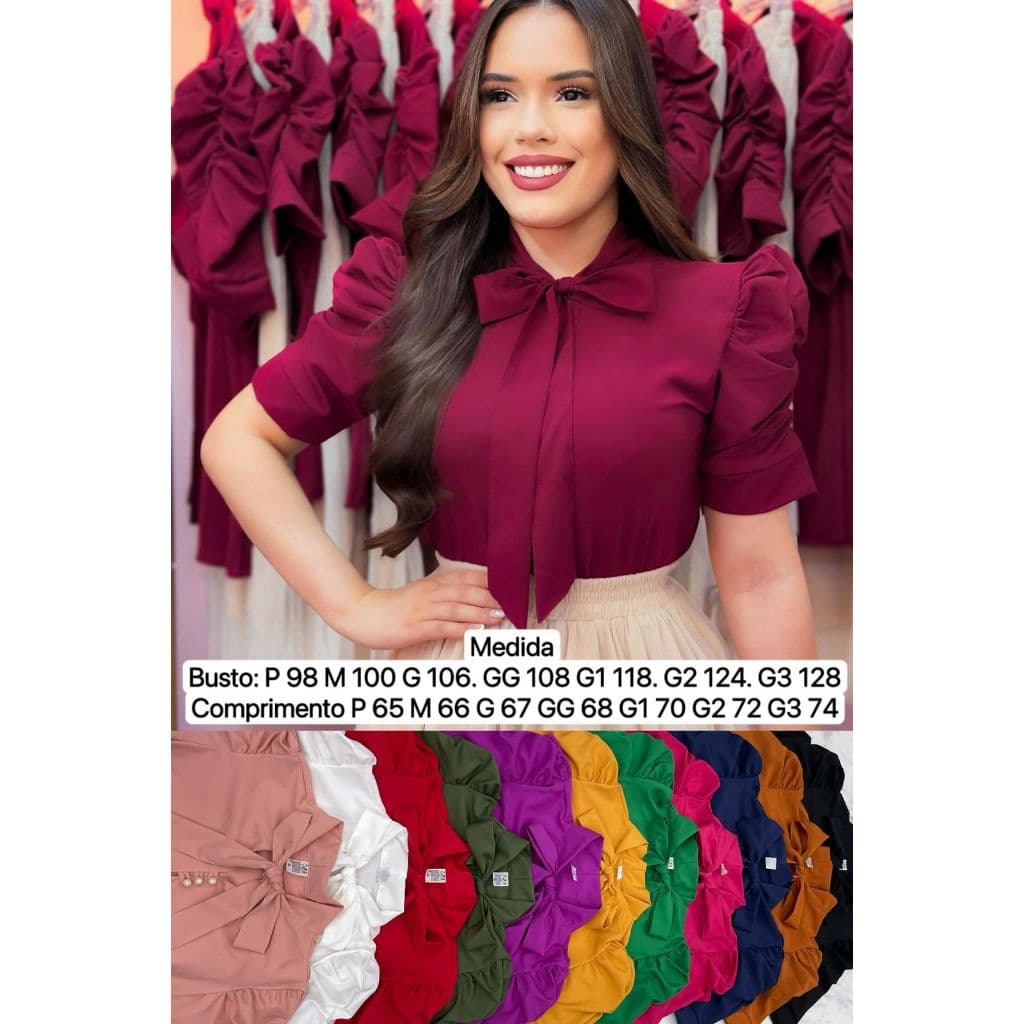 Blusa Social Manga Curta Bufante com laçinho N-8